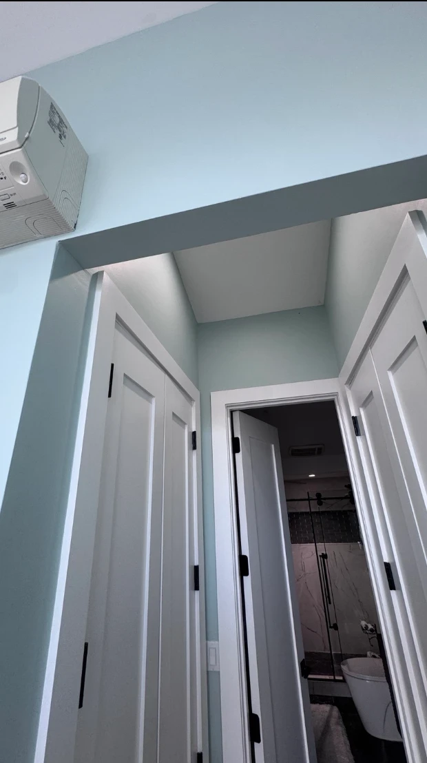 White paneled doors with black hinges and white trim against soft aqua walls, with a wall-mounted unit above and a bathroom beyond