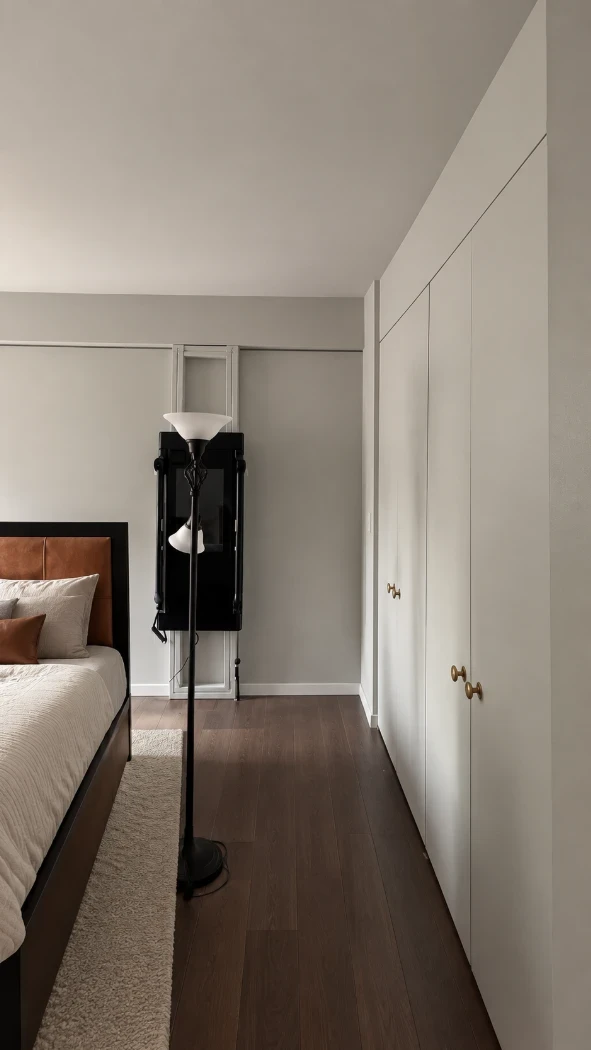Apartment bedroom with soft gray walls and ceiling, white built-in closet doors with brass knobs, dark wood floors and a floor lamp