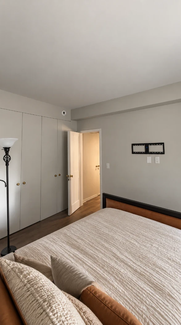 Apartment bedroom with smooth soft gray walls and ceiling, white closet doors and a white door, a made bed with cream bedding and wood-look floors