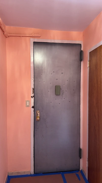 Apartment entry hall before painting, with salmon-pink walls and a scuffed gray metal front door, with blue tape along the floor