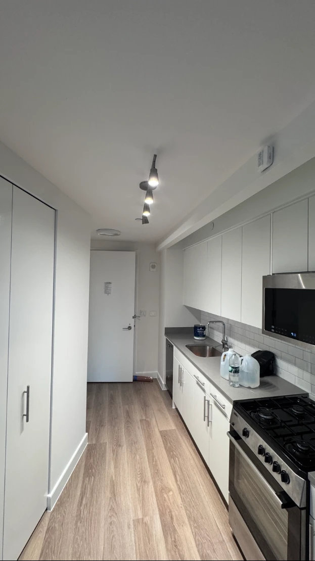 Narrow apartment entryway and hallway with clean light walls and ceiling, white doors and baseboards, a galley kitchen with white cabinets, and wood-look floors