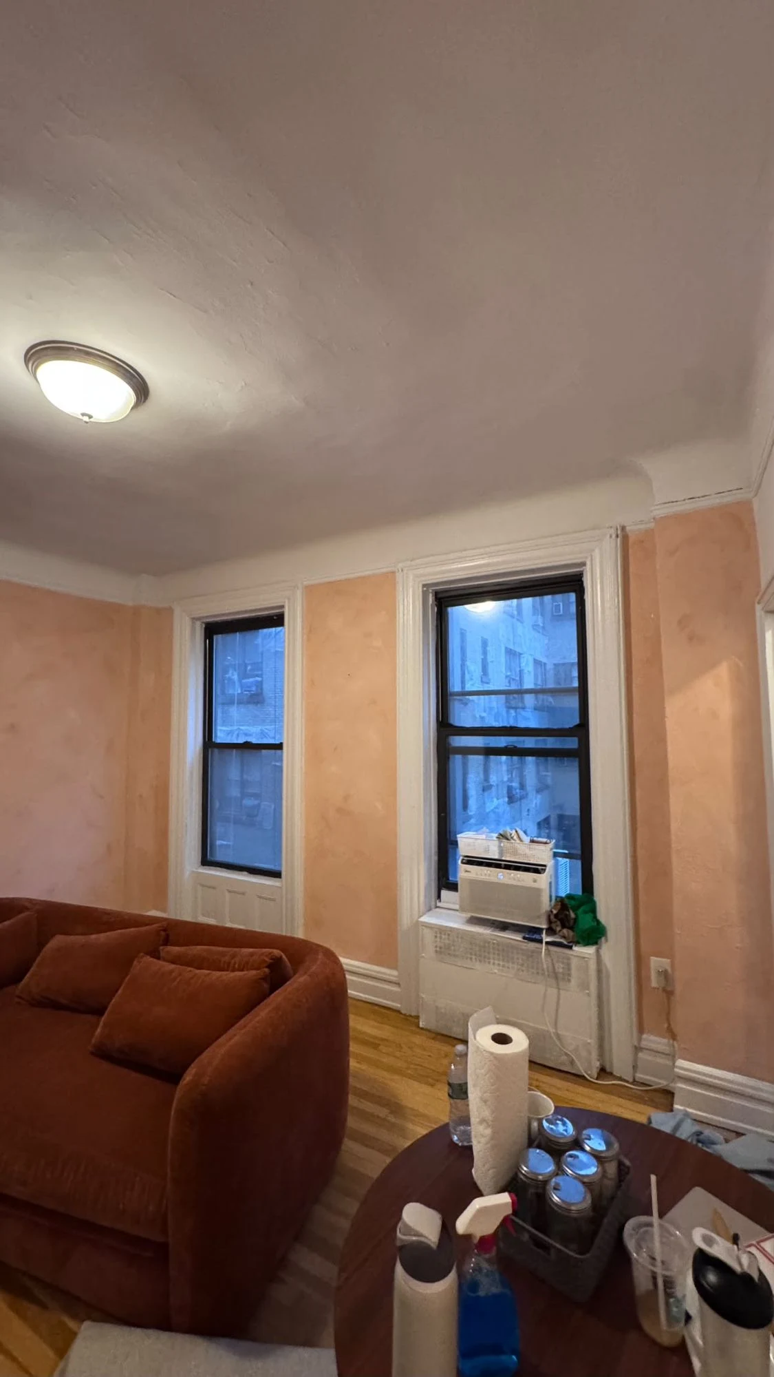 Apartment living room with warm peach lime wash walls, white trim and ceiling, tall windows and a rust-colored sofa