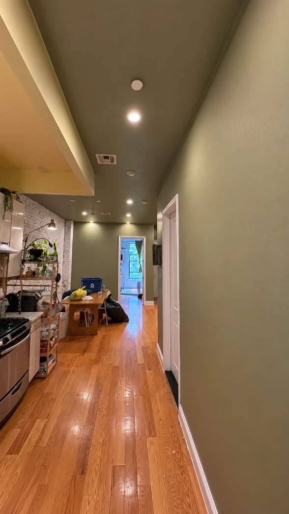 Long view down an apartment corridor with olive green walls and ceiling, white trim, recessed lights and hardwood floors